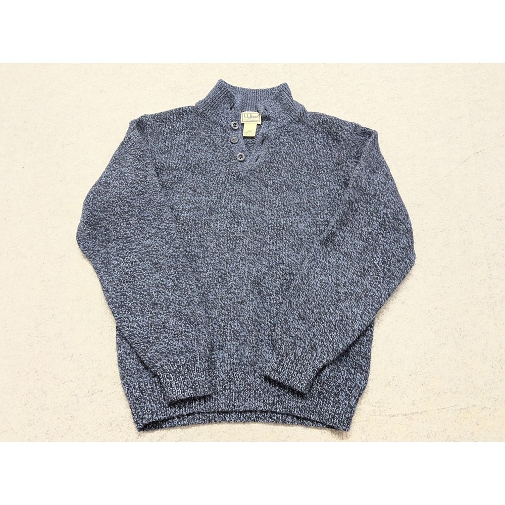 L.L. Bean Sweater Mens M Blue Lambswool Mock Neck Henley Knit Pullover 237772